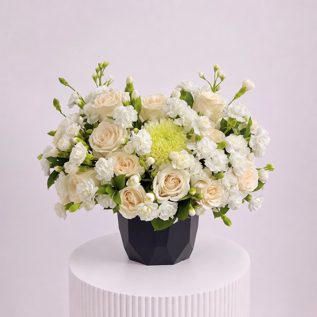 Ivory Rose White Carnation Black Geometric Vase