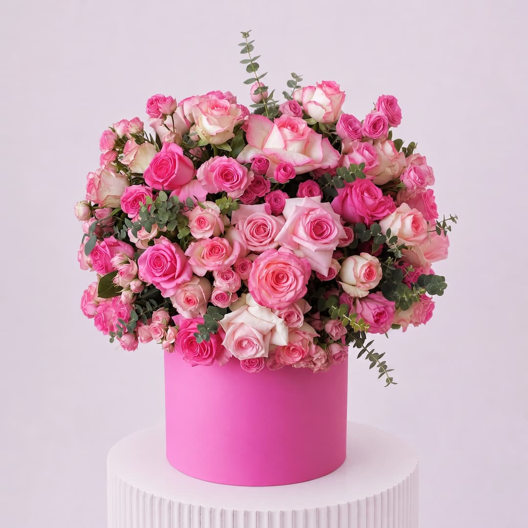Layered Pink Rose Eucalyptus Box