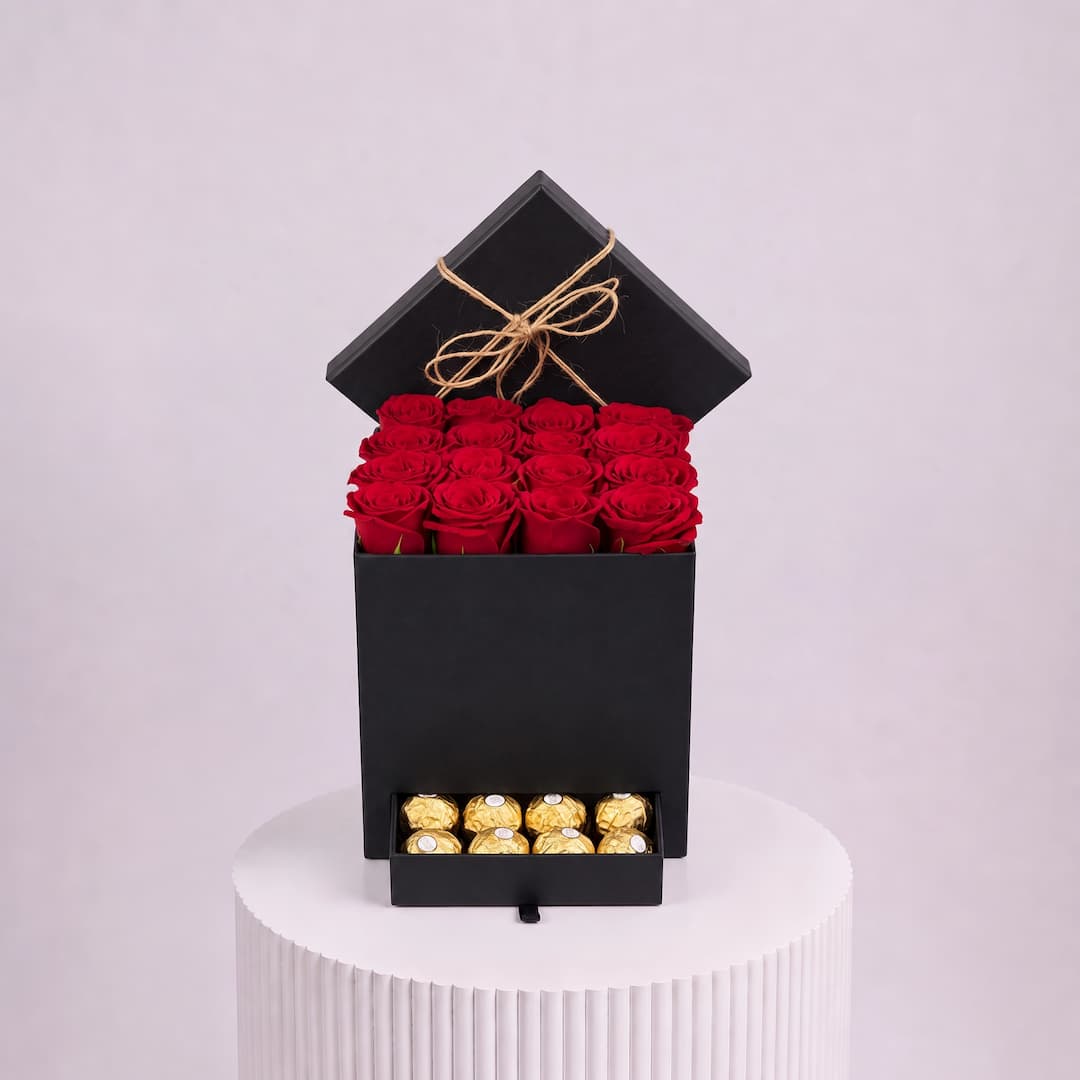 Red Rose Black Drawer Box with Chocolates