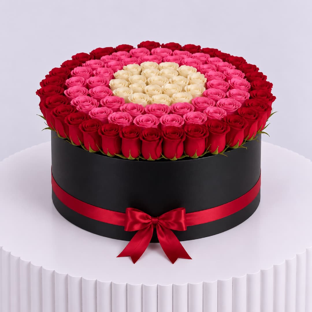 Red Pink White Rose Rings Black Box