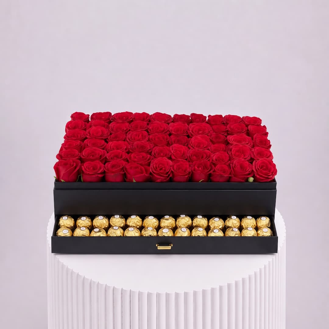Red Rose Black Drawer Box with Gold Chocolates