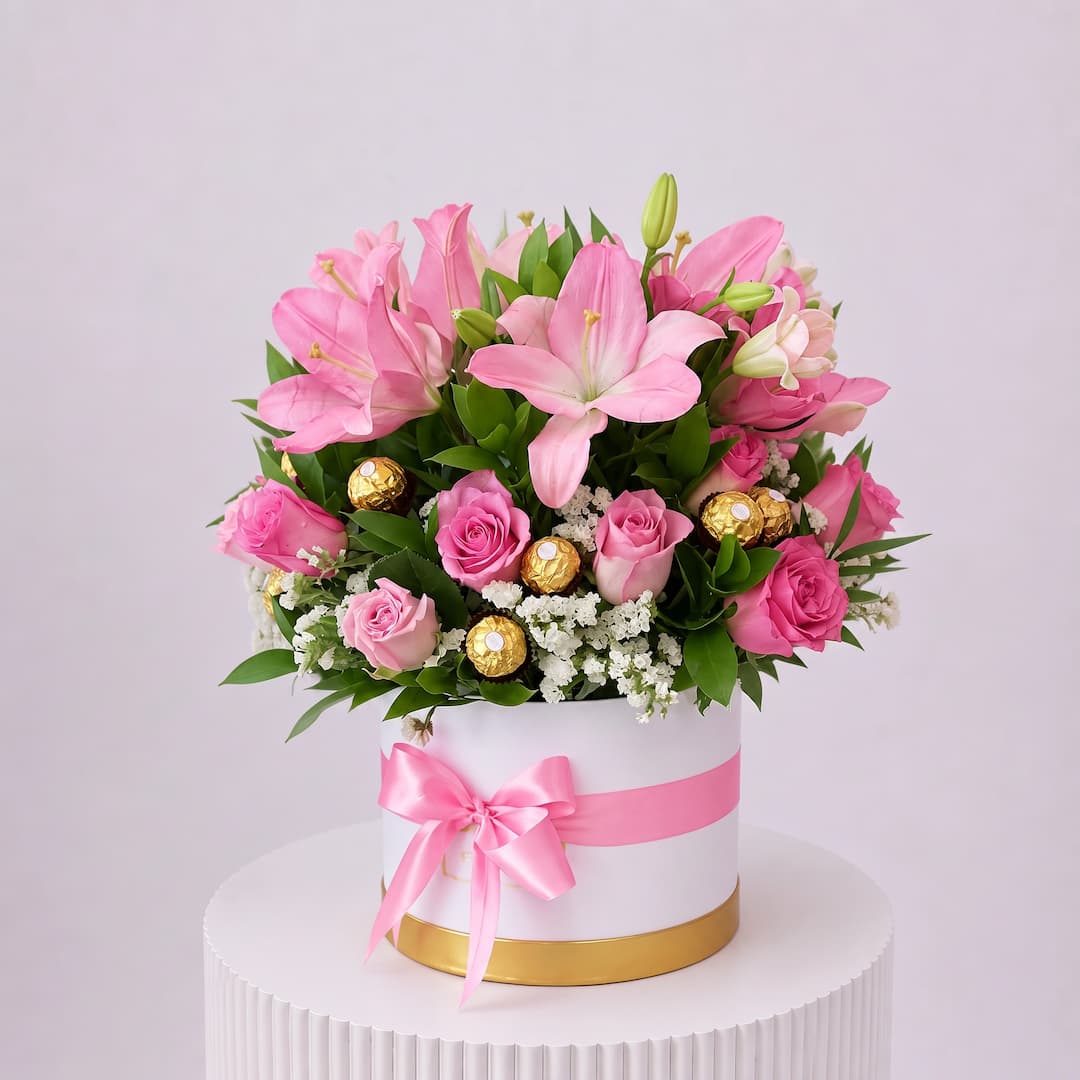Blush Bloom Box – Pink Lilies, Roses & Ferrero Rocher