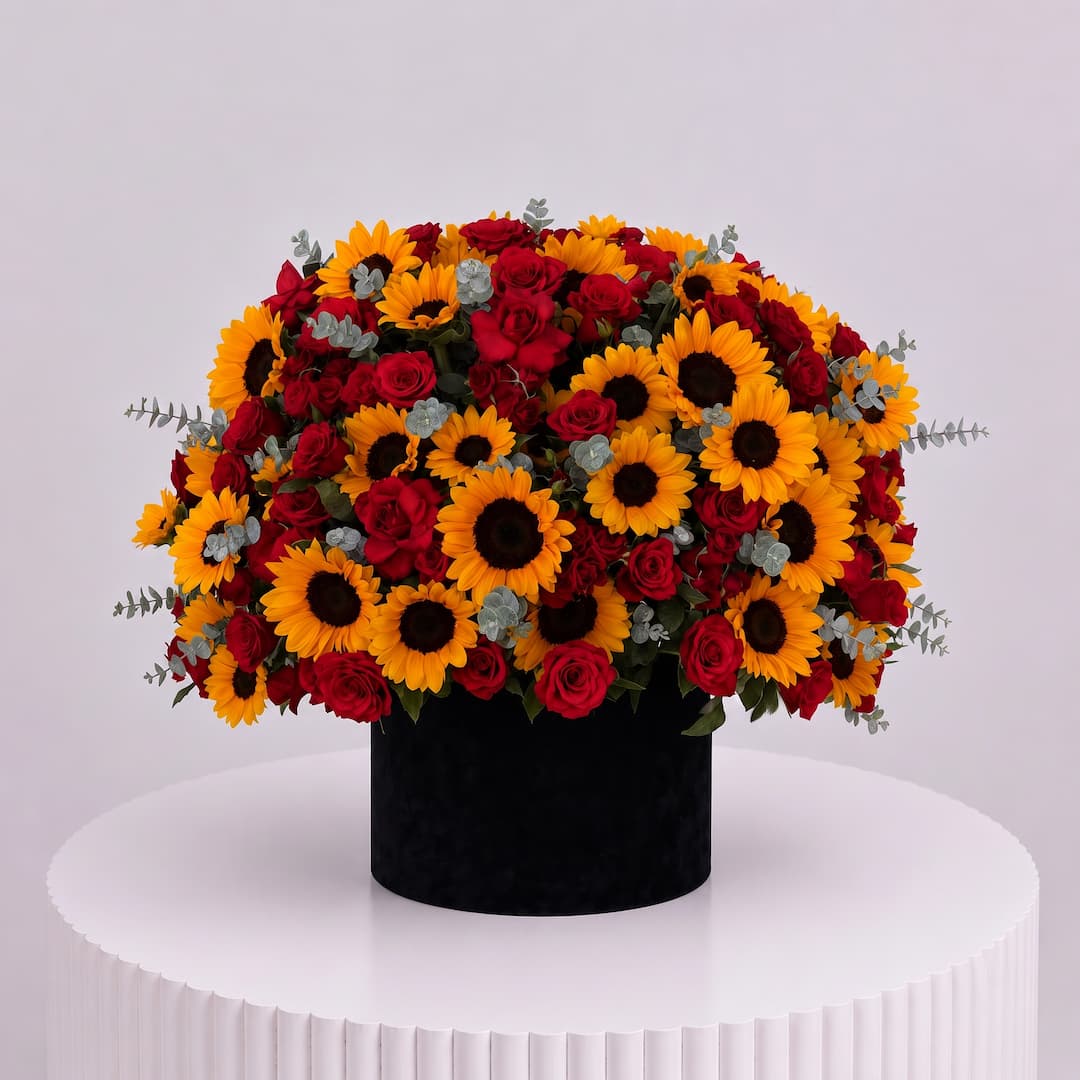 Sunflower & Red Rose Black Box Arrangement