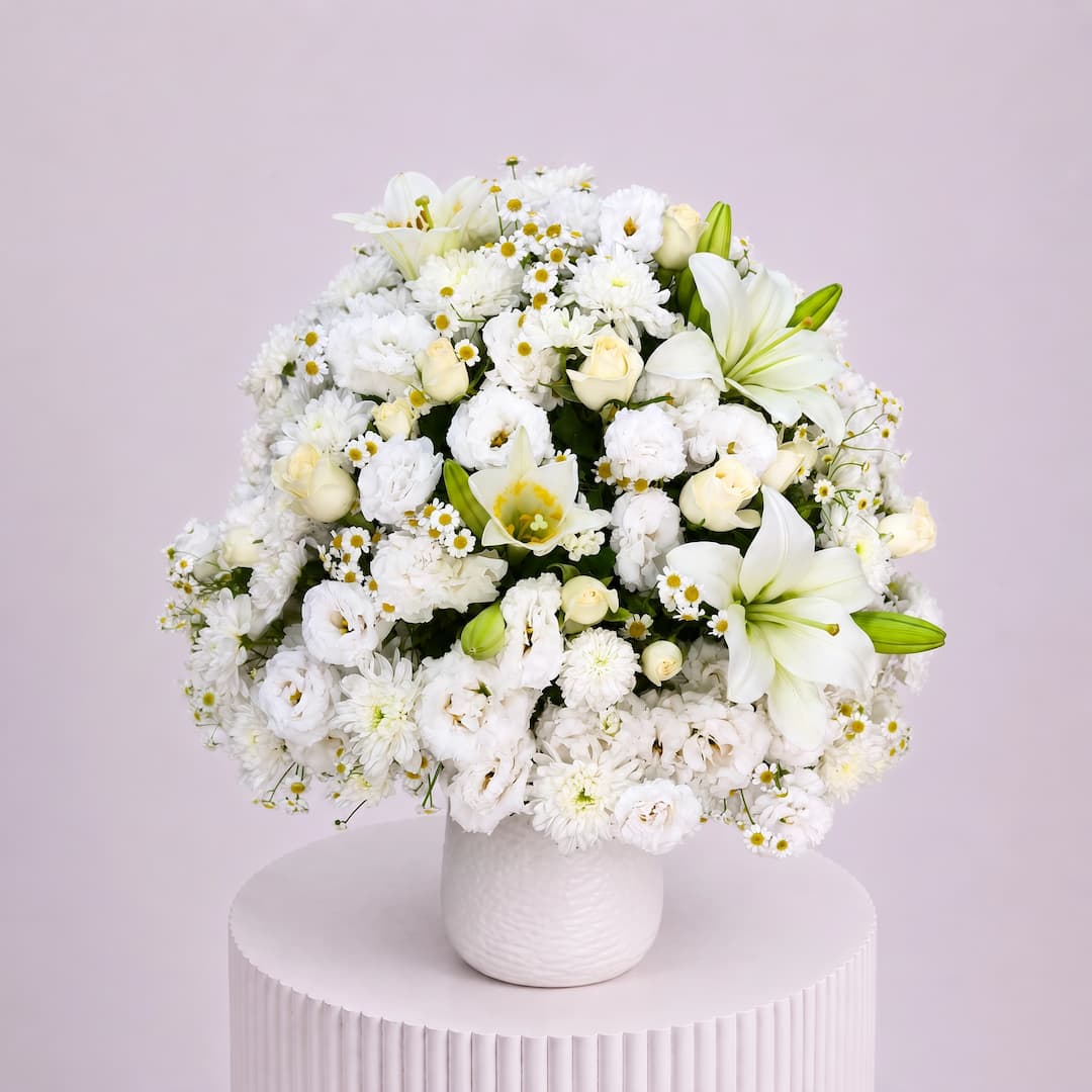 White Lily and Chamomile Bouquet in Textured White Vase