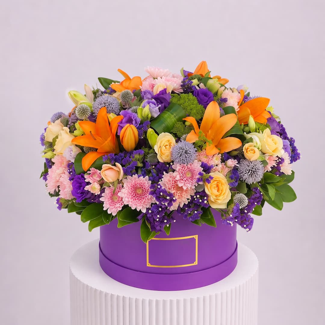 Orange Lily Purple Statice Garden Hat Box