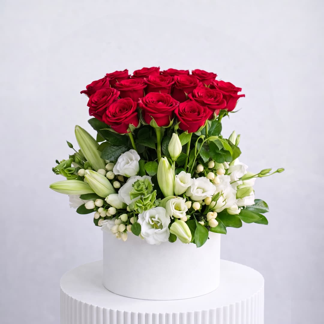Red Rose Crown White Lisianthus Box